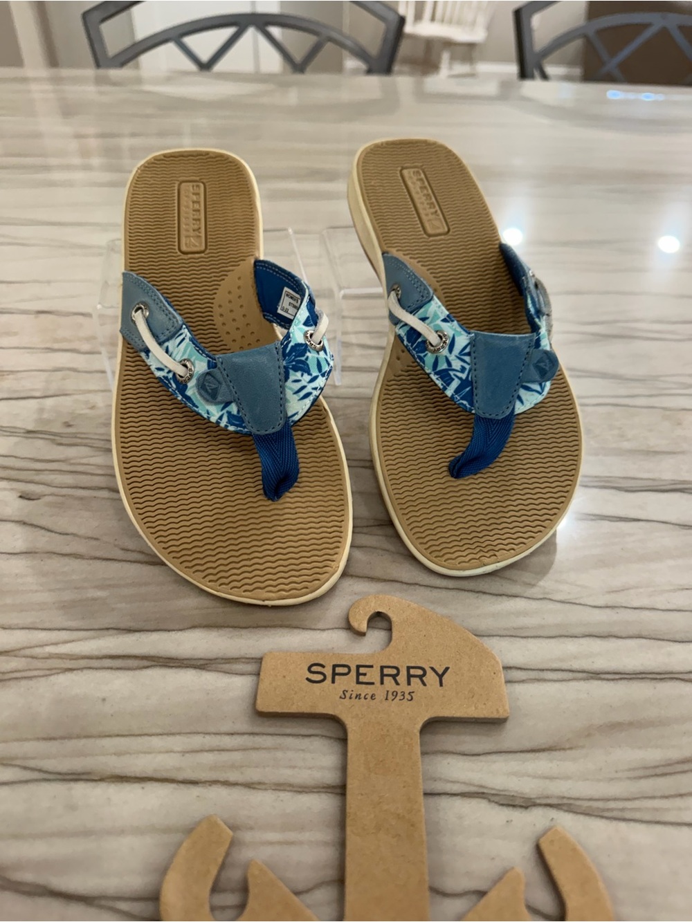 Sperry Blue Patterned Thong Seafish Sandals with Tan Footbed